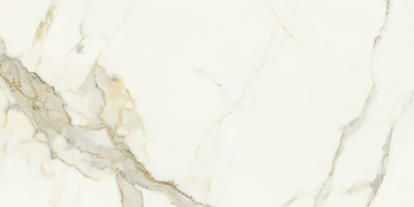 Marca Corona Scultorea Calacatta Oro Fino, granitkeramik med vit marmorlook och gyllene ådring 60x120 cm