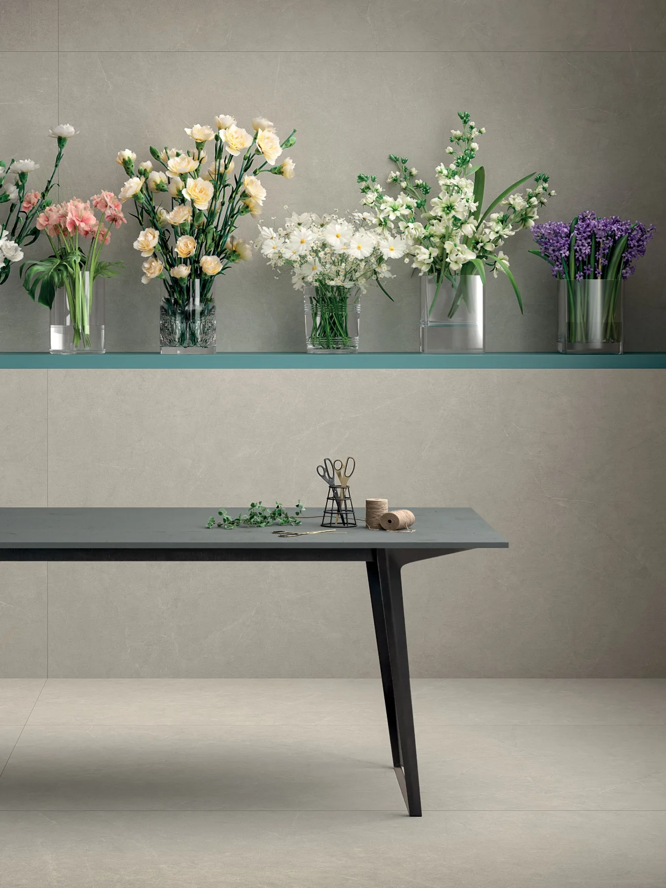 Arkistone Light granitkeramik i storformat på vägg och golv i butiksmiljö