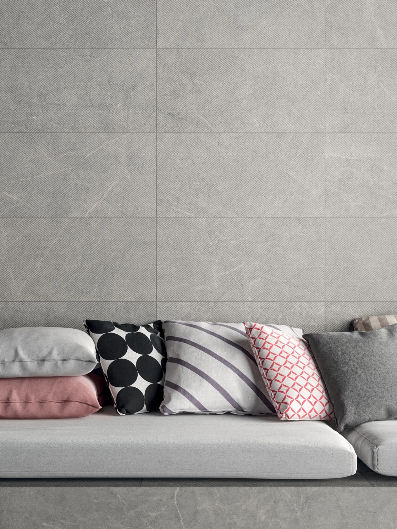 Arkistone Silver granitkeramik med fiskbensrelief som väggbeklädnad
